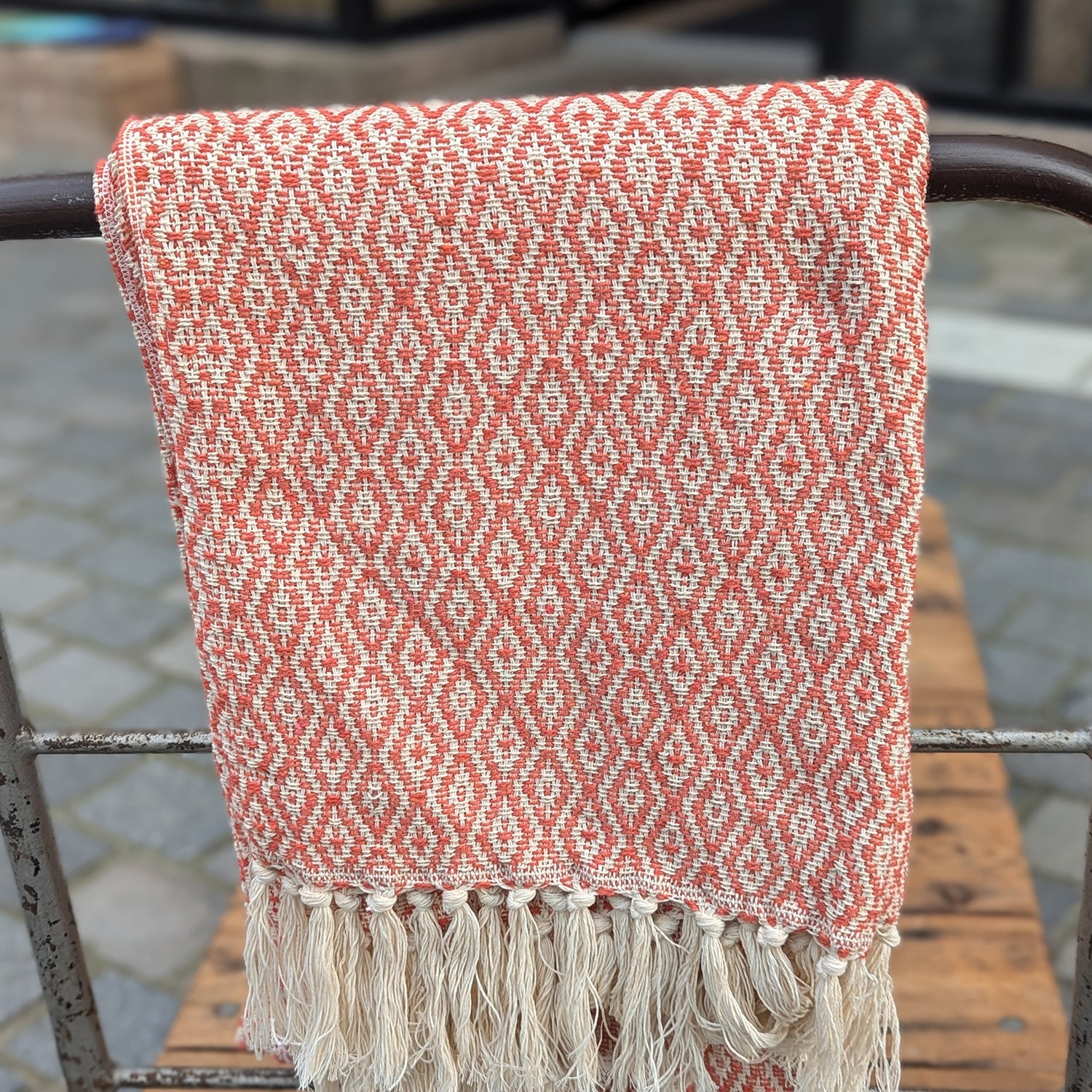 Sengetæppe, vævet bomuld 240 x 260 cm., diamantmønster - Orange