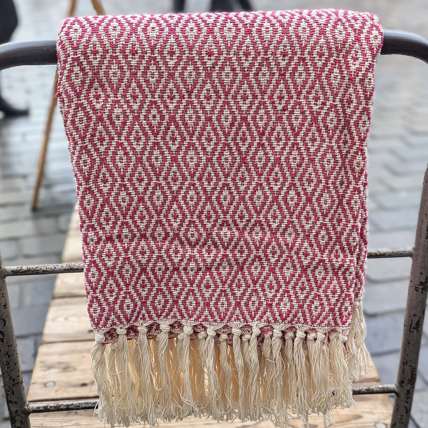 Plaid, vævet bomuld 135 x 200 cm., diamantmønster - Pink