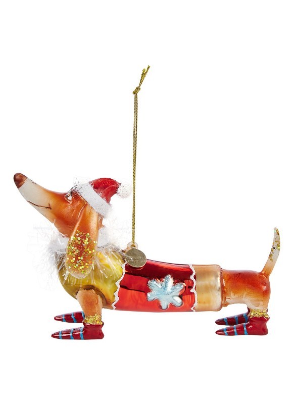 Gravhund med m/julehat, Glas ornament - Vondels